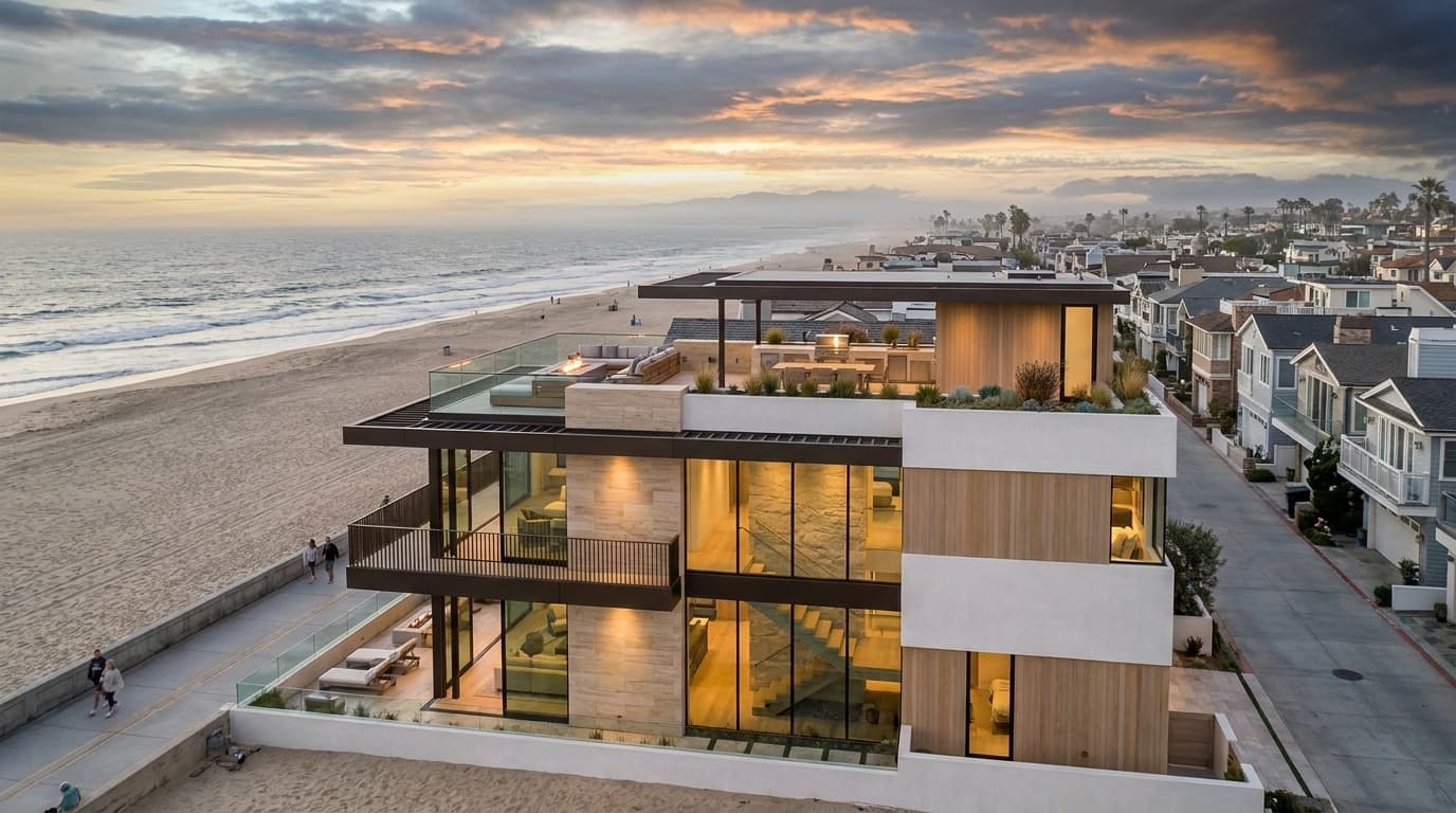 Coastal modern beachfront residence at dusk