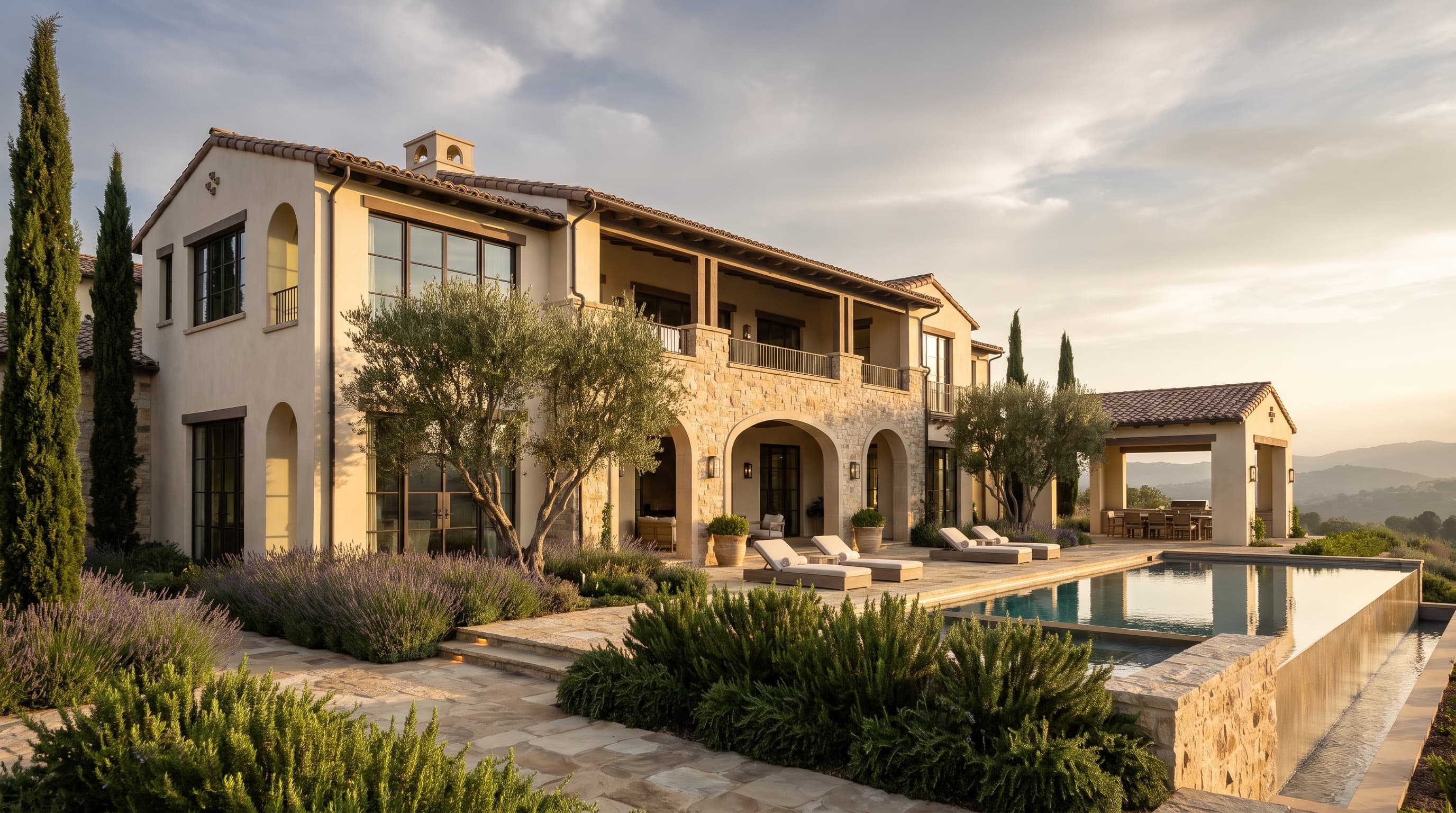 Mediterranean villa at golden hour — stone arches, olive trees, lavender, and an infinity-edge pool